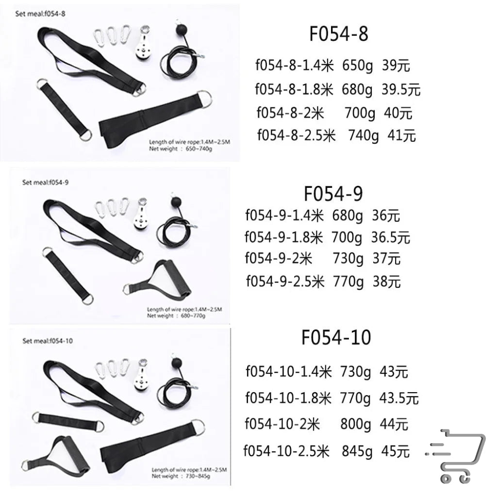 Resistance band exercise set featuring Triceps Strap, Wire Rope, and Dumbbell Tray