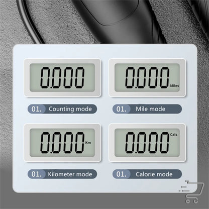 Digital display panel on Two Keys-Cordless Skipping Rope showing modes for fitness tracking