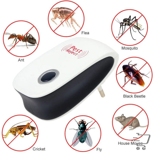 Electronic pest repellent device for optimal power socket installation with white top and black base