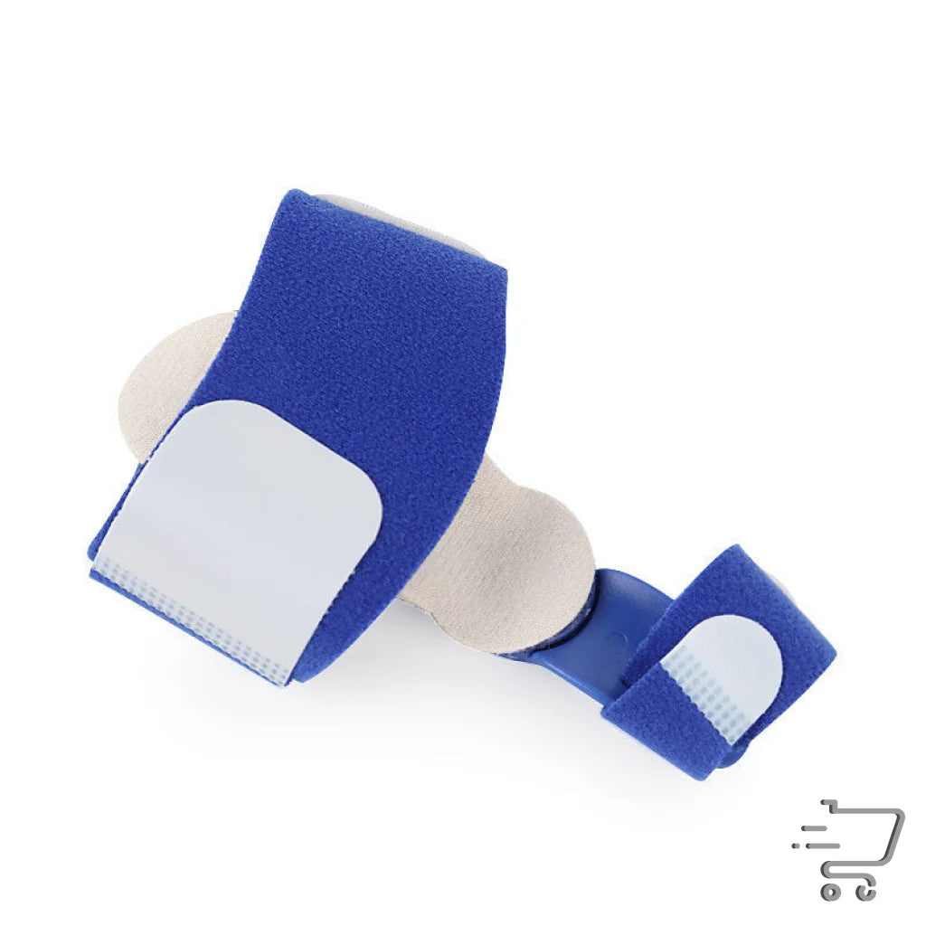 Blue and white bunion corrector with Ultimate Nylon strap and rear section reinforcement