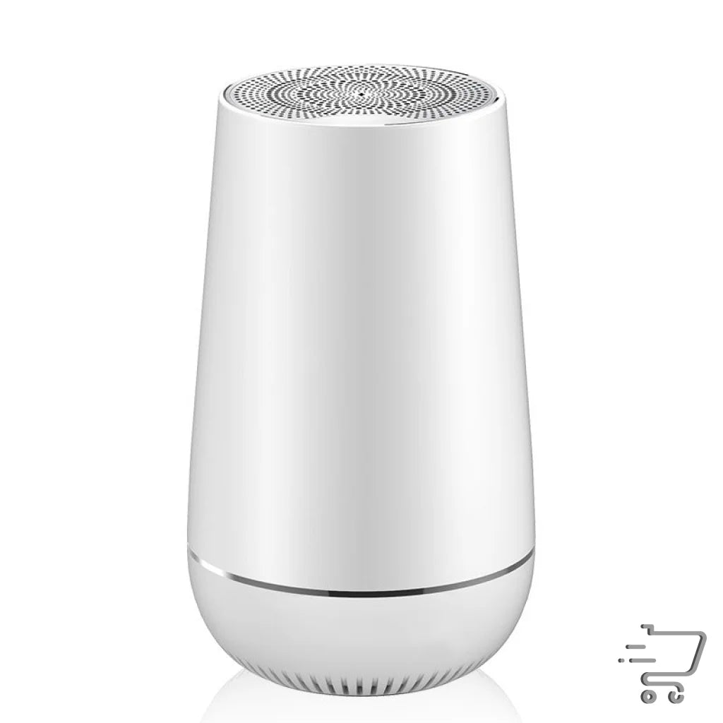 White cylindrical air purifier with perforated top for ultimate USB charger and aux audio hub