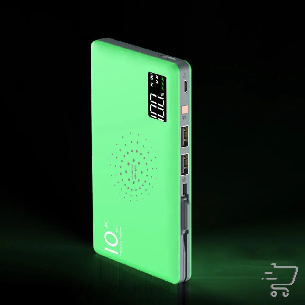 Bright green Ultimate Wireless Charger power bank with digital display and multiple ports