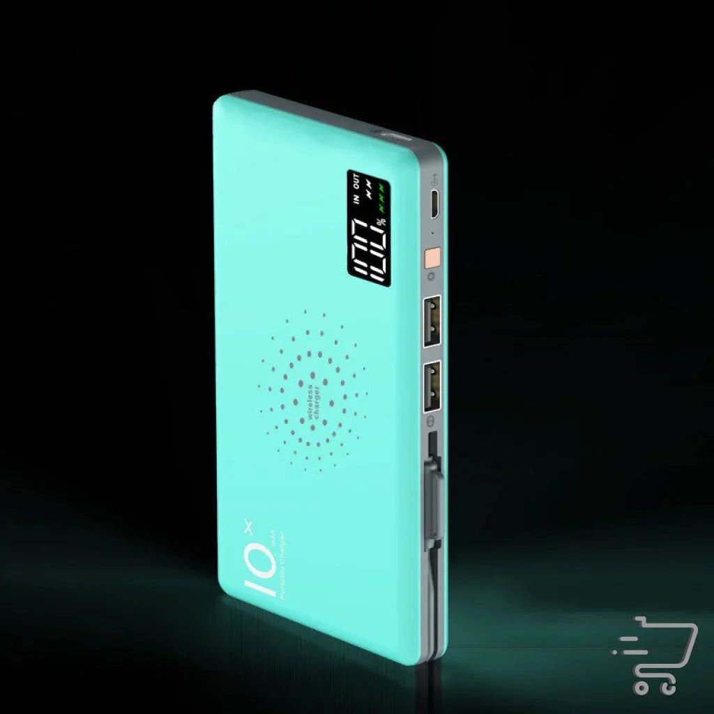 Mint green portable power bank with digital display and speaker grille for Ultimate Wireless Charger