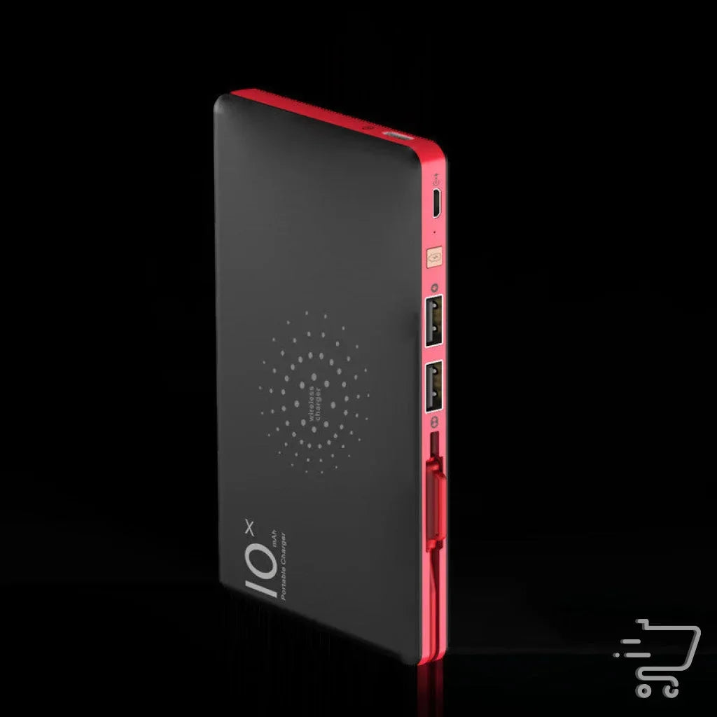 Sleek black portable power bank with red trim and USB ports for Ultimate Wireless Charger