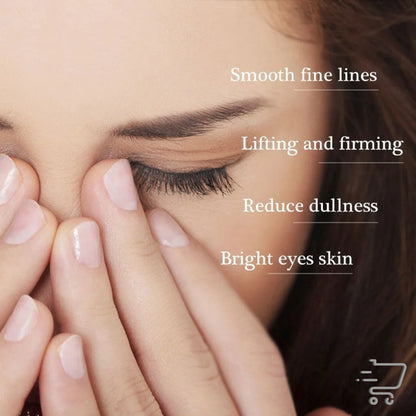 Close-up of eye area with text on Universal Eye Cream benefits for bags and hydration