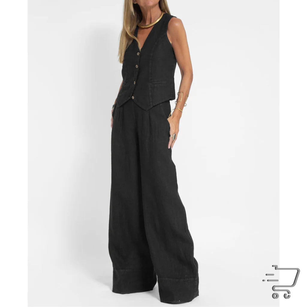 Black sleeveless jumpsuit with wide-leg pants and button-front closure for stylish comfort