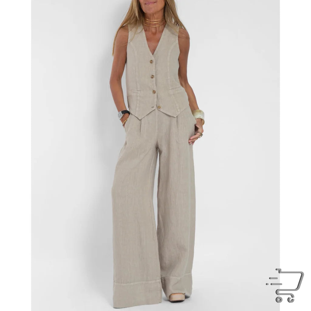 Sleeveless beige linen jumpsuit with wide-leg pants and button-front vest top for comfort