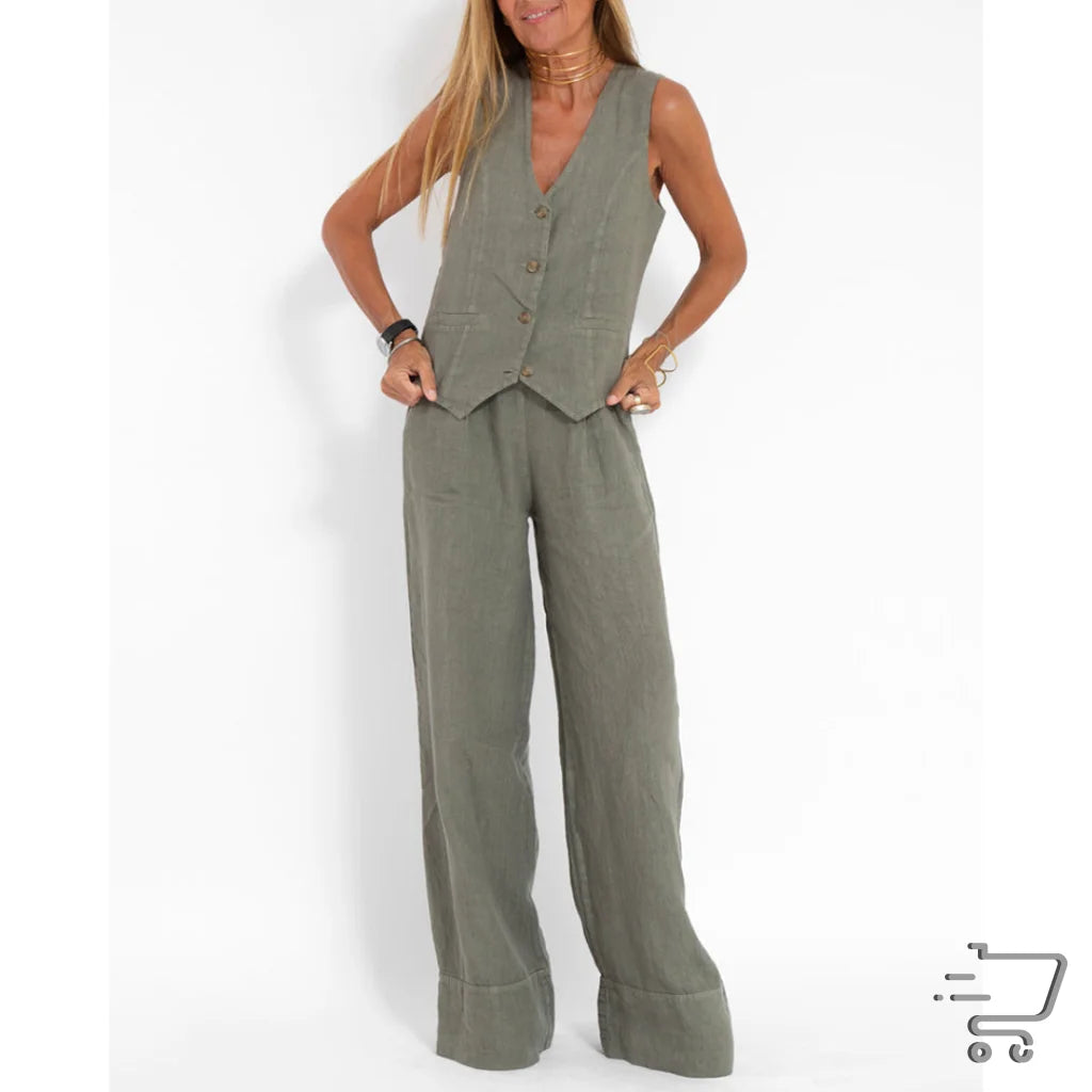 Sleeveless olive green pantsuit with wide-leg trousers and buttoned vest top