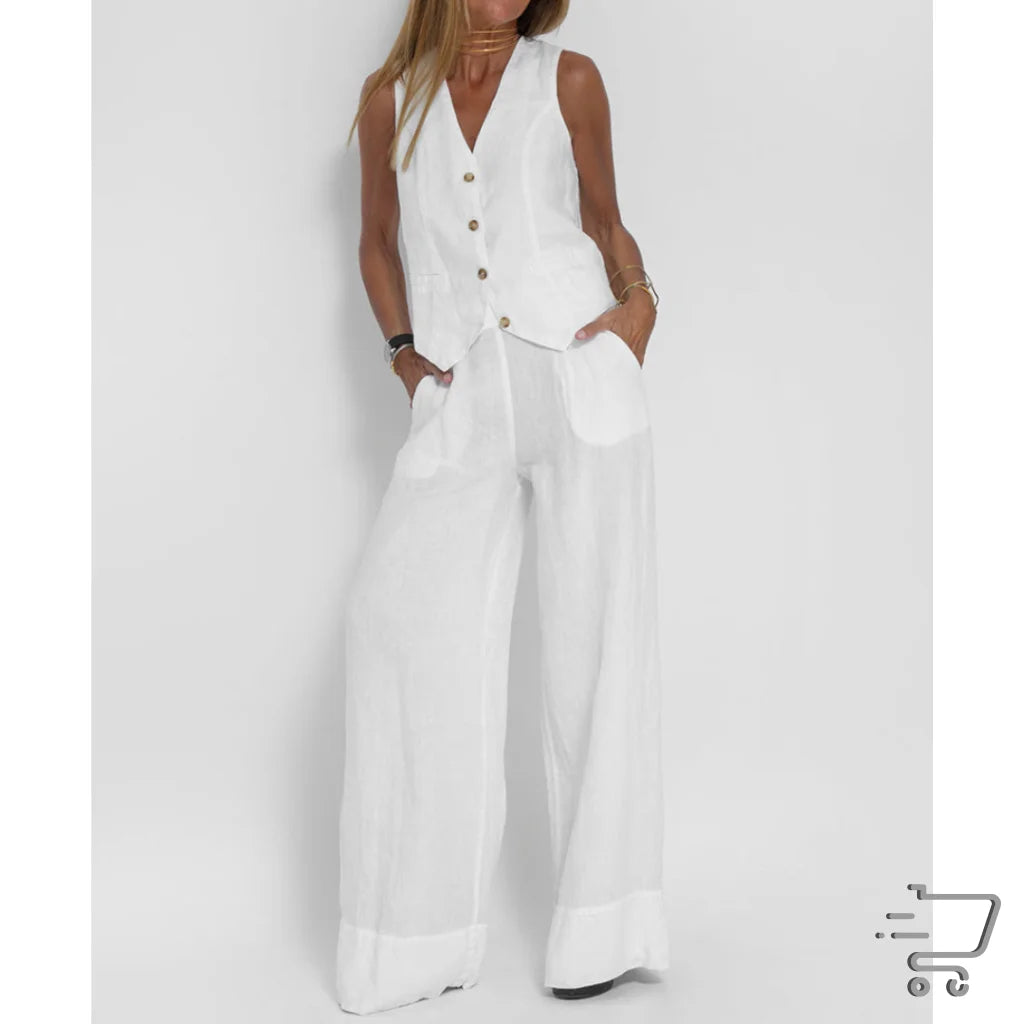 White sleeveless jumpsuit with wide-leg pants and button-front closure for stylish comfort