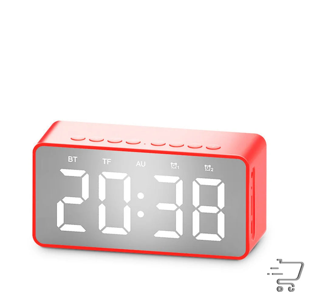 Digital alarm clock with red casing and LED, part of BT506 Bluetooth polymer lithium battery