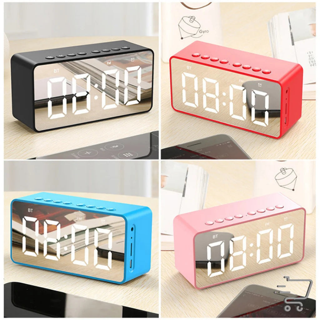 Digital alarm clock with mirror display in black, red, blue, and pink for BT506 Bluetooth