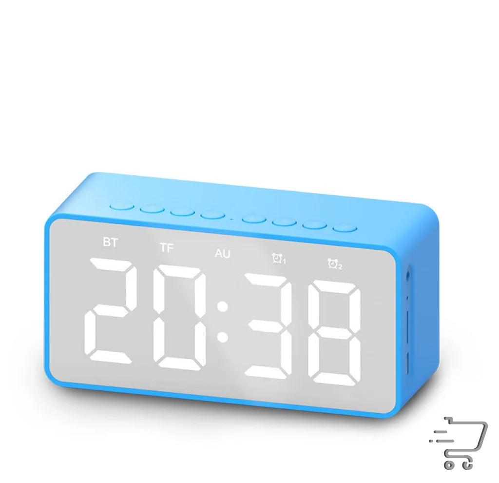 Digital alarm clock with blue casing and white LED display for BT506 Bluetooth battery