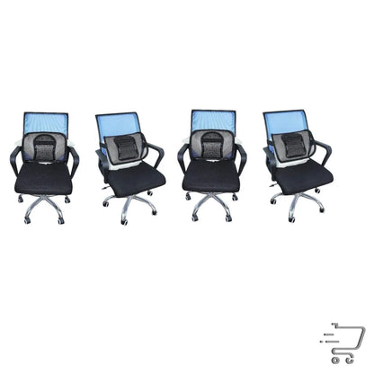 Four black mesh office chairs with blue backrests and silver bases for Ice Silk Waist Support