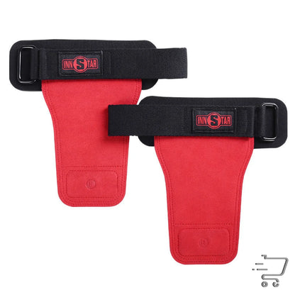 Pair of red weightlifting grips with black straps, perfect black protective gear for workouts