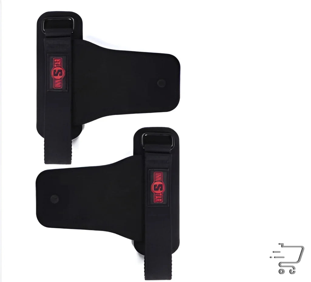 Pair of black fitness wrist straps with red NSM labels for black protective gear