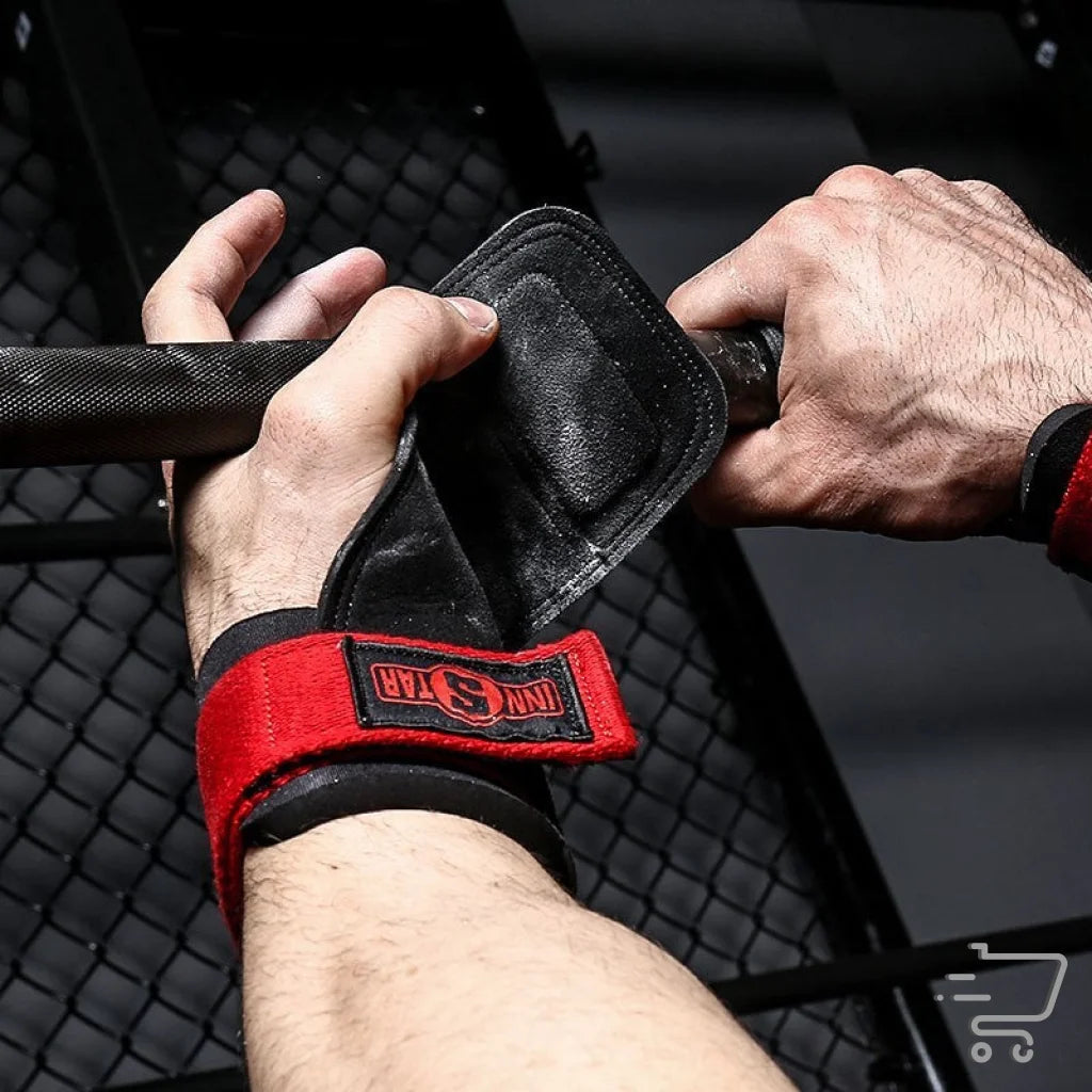 Red weightlifting wrist wrap with black leather pad fastening for protective gear