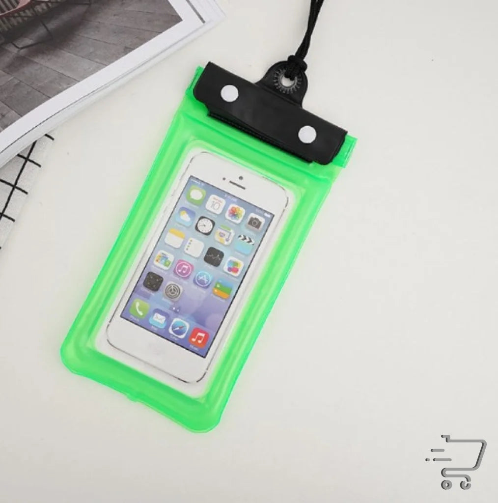 Bright green waterproof phone case in outdoor bag for sports, diving, and hiking