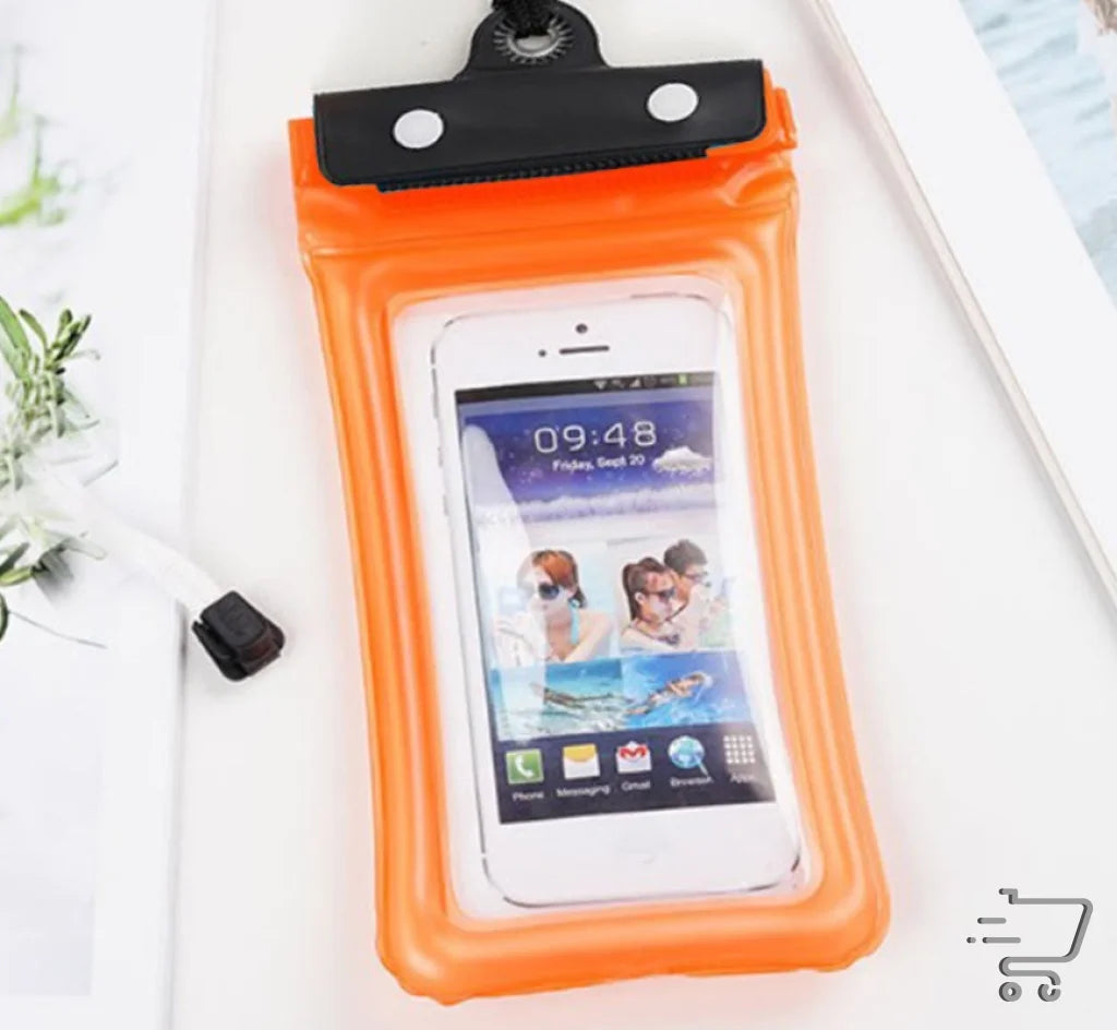 Orange waterproof phone case in a sports outdoor bag for diving and hiking