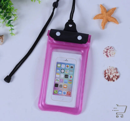 Pink waterproof phone case in a sports outdoor bag for diving, hiking, and camping