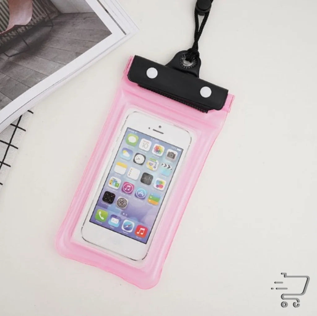 Pink waterproof phone case with smartphone in a sports outdoor bag for camping and hiking