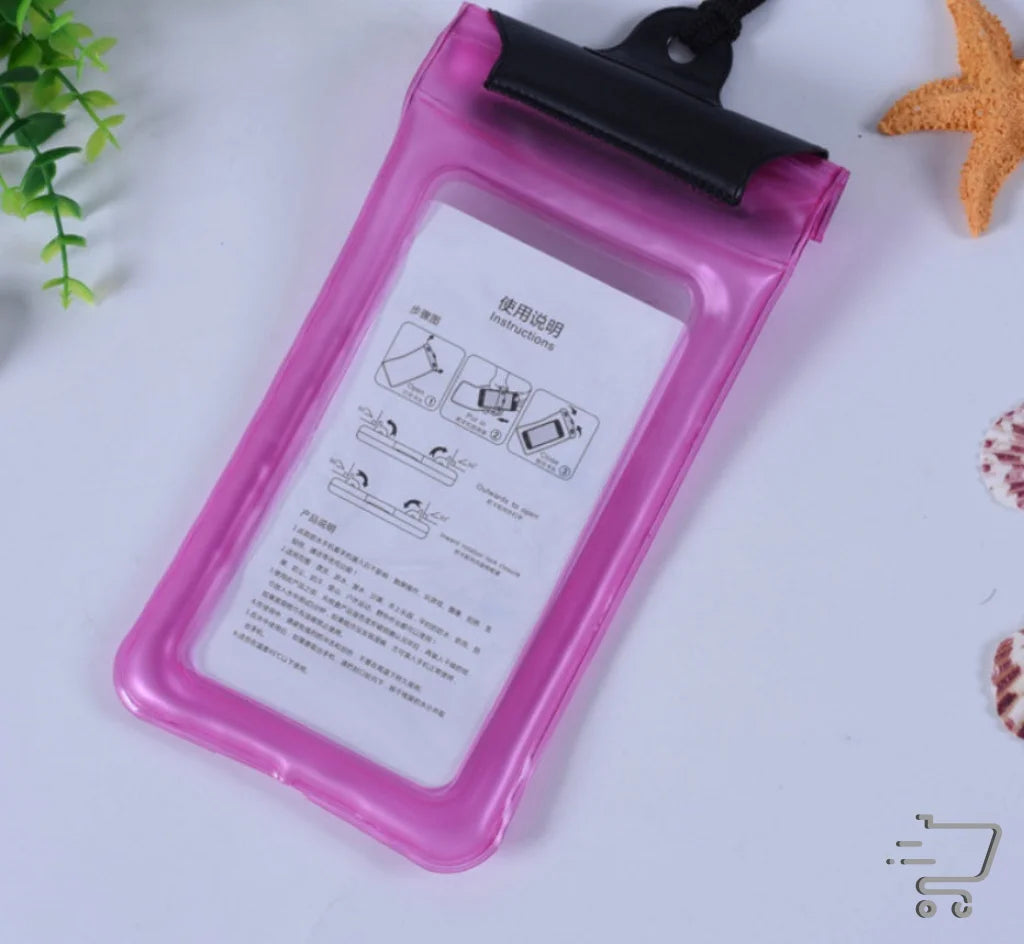 Pink waterproof phone case with instructions for Waterproof Sports Outdoor Bag usage