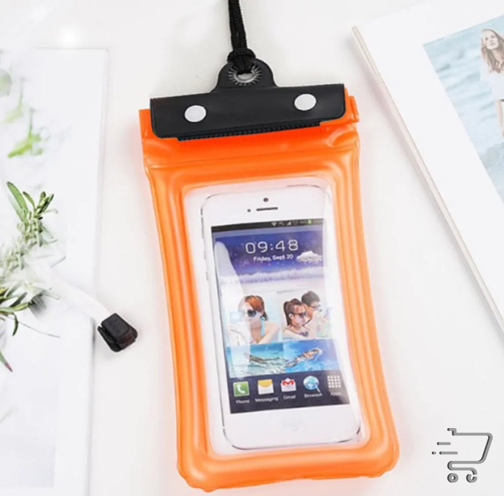 Waterproof orange phone case in a sports outdoor bag for diving and hiking activities