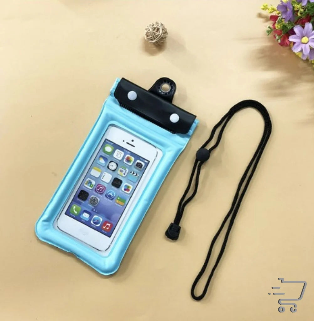 Light blue waterproof phone case with black strap for sports outdoor bag use