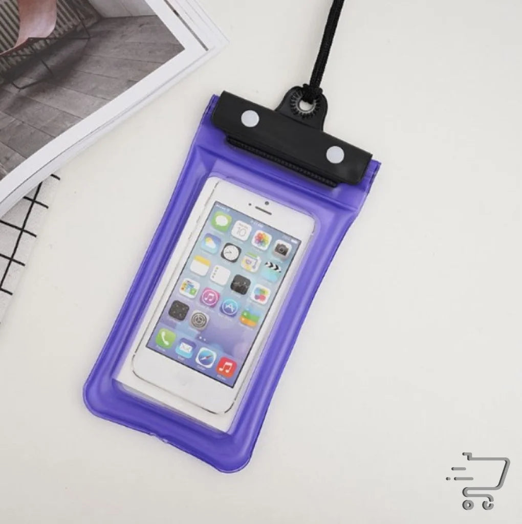 Purple Waterproof Phone Case with White Smartphone in Sports Outdoor Bag for Hiking